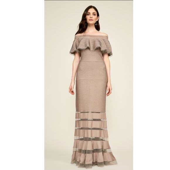 Tadashi Shoji Tabora Off-the-Whoulder Tan Gown Floor Length  - Size Small - Picture 1 of 15